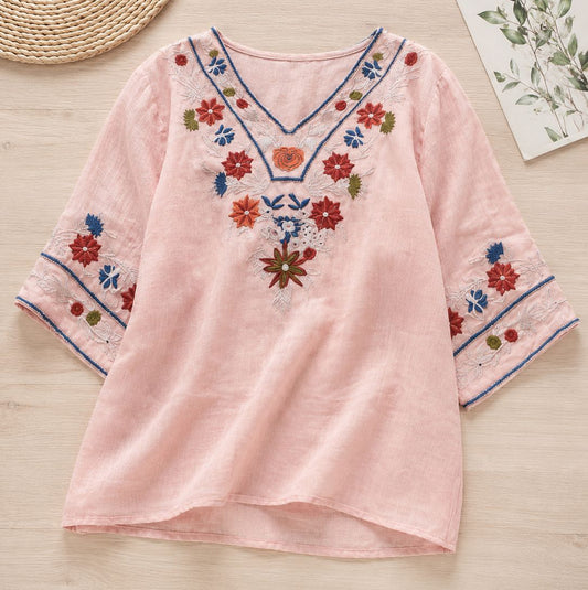 Women's Pure Cotton Floral Embroidered V-Neck Top