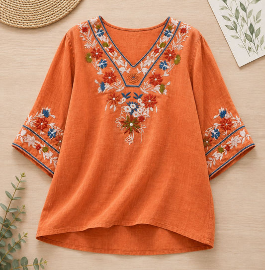 Women's Pure Cotton Floral Embroidered V-Neck Top