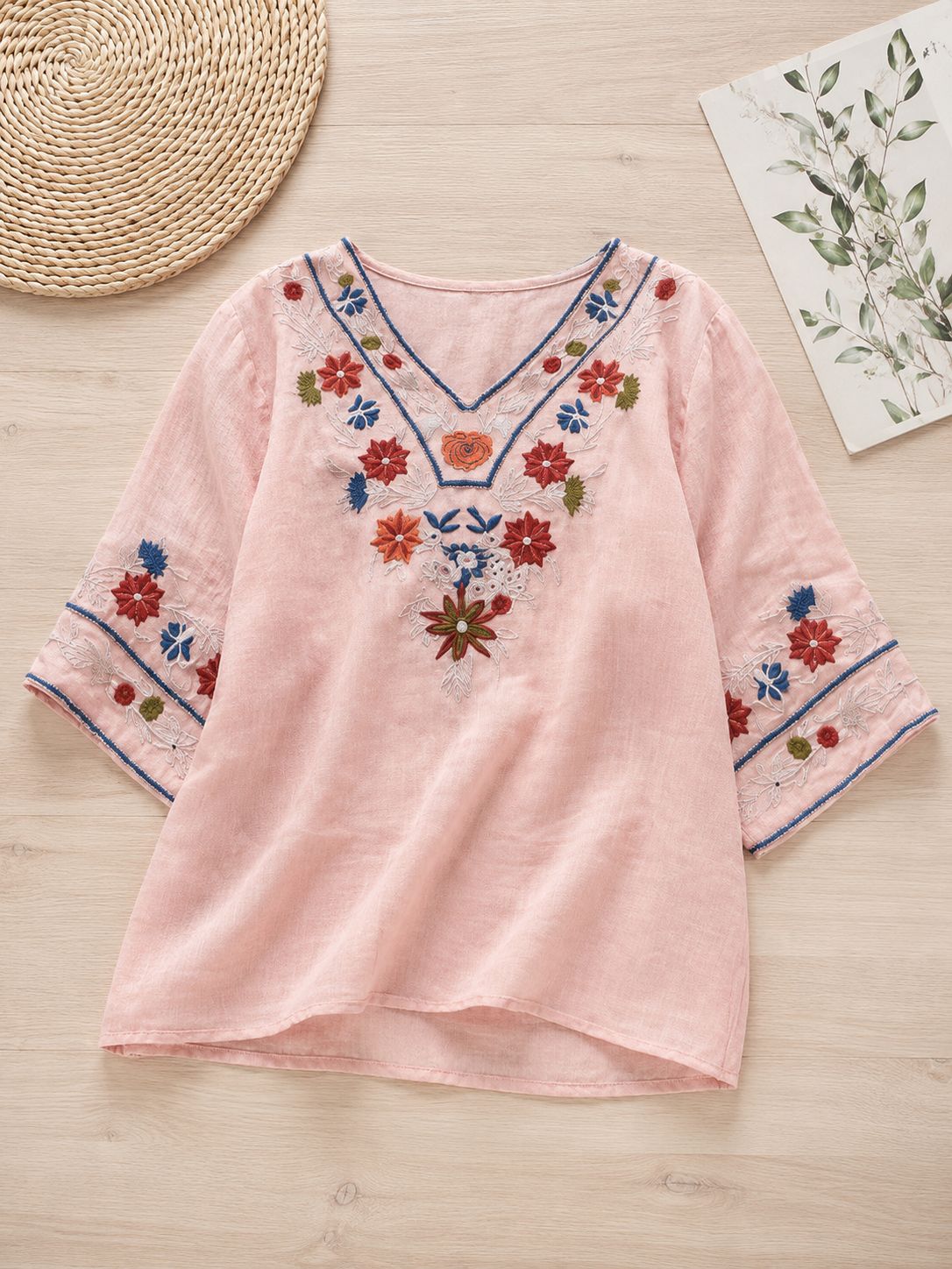 Women's Pure Cotton Floral Embroidered V-Neck Top