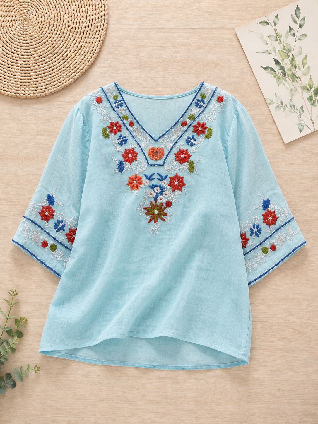 Women's Pure Cotton Floral Embroidered V-Neck Top
