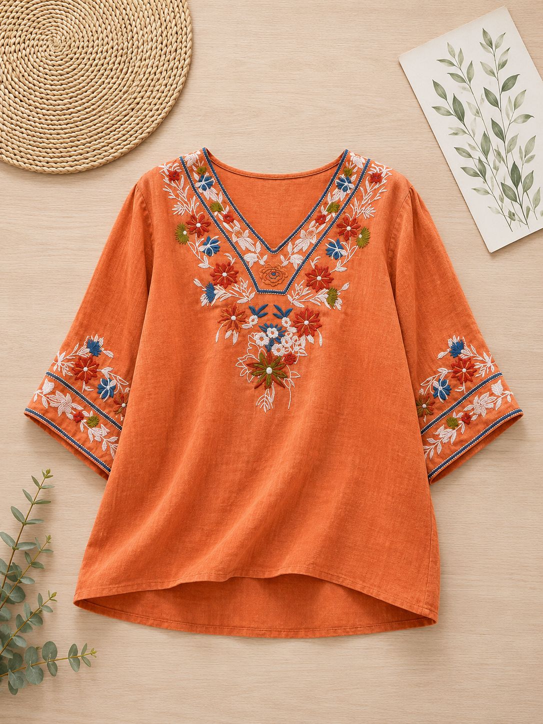Women's Pure Cotton Floral Embroidered V-Neck Top