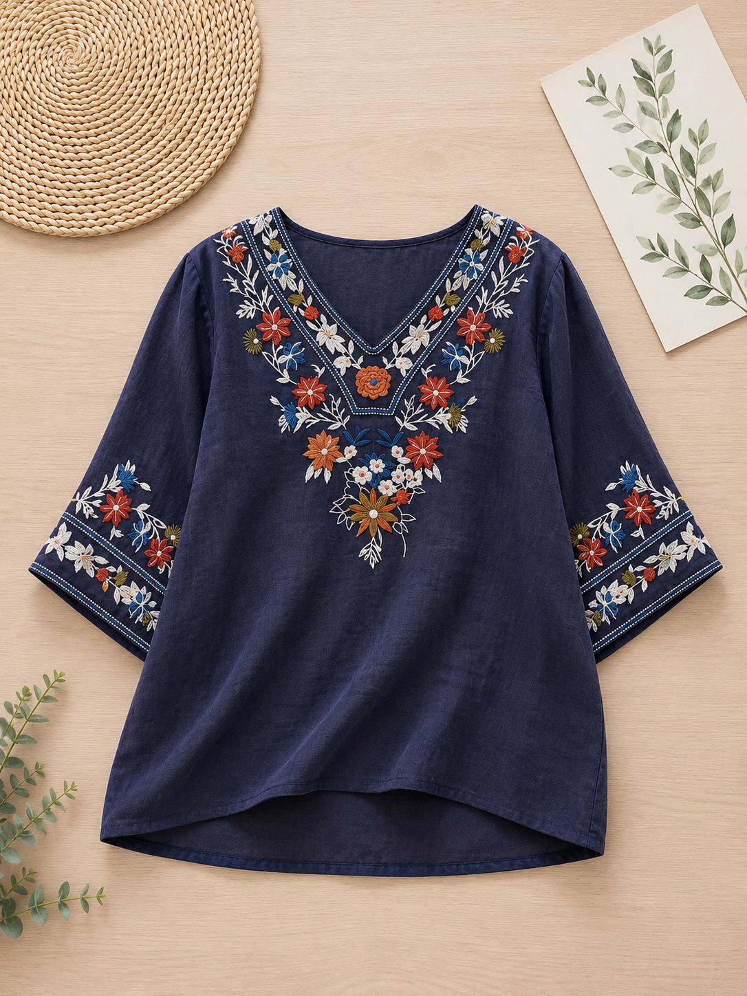 Women's Pure Cotton Floral Embroidered V-Neck Top