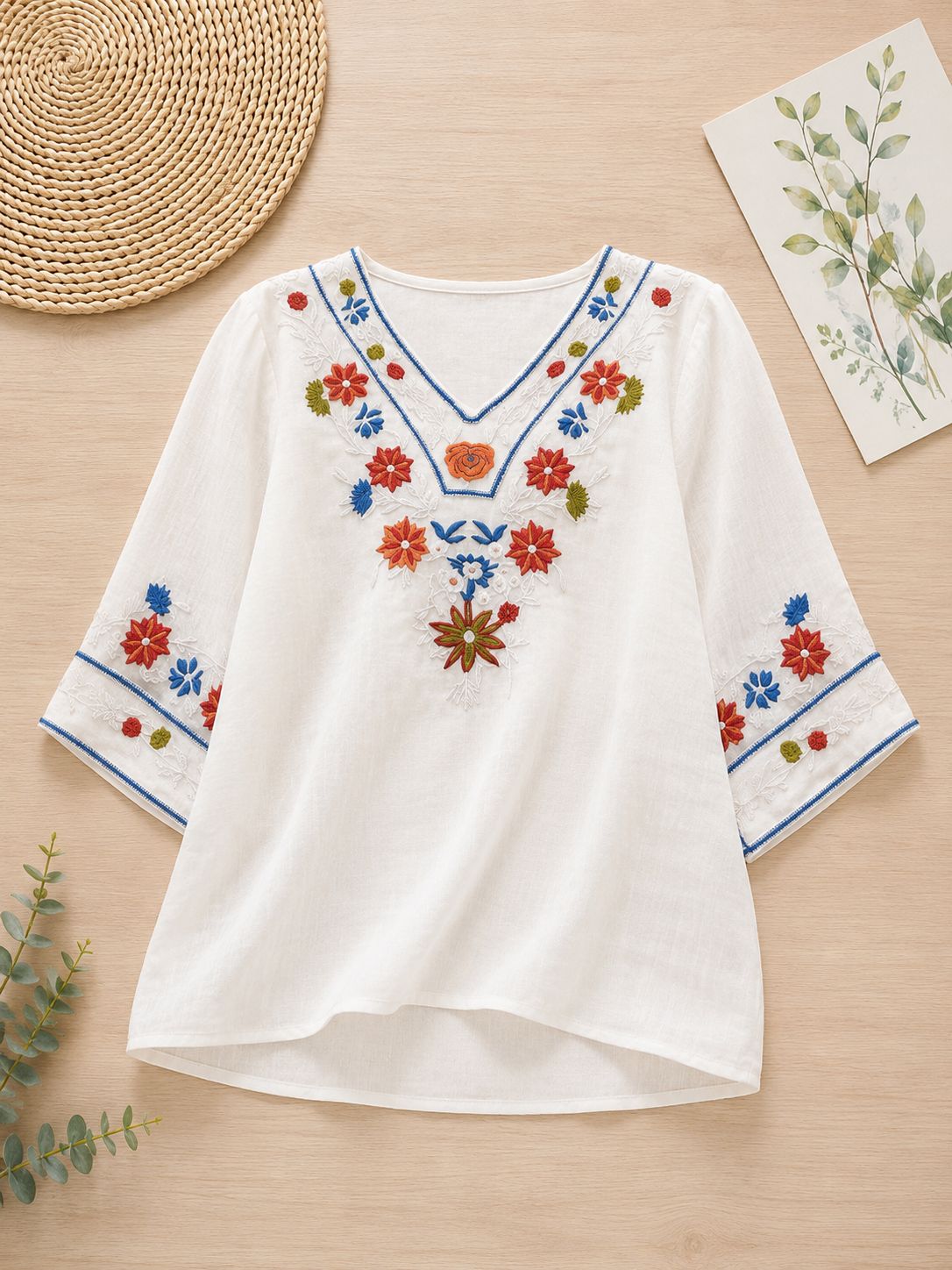 Women's Pure Cotton Floral Embroidered V-Neck Top
